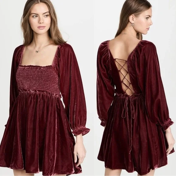Free People Dainty Renaissance Daphne Velvet Mini Dress Burgundy Brown Medium - Picture 10 of 17